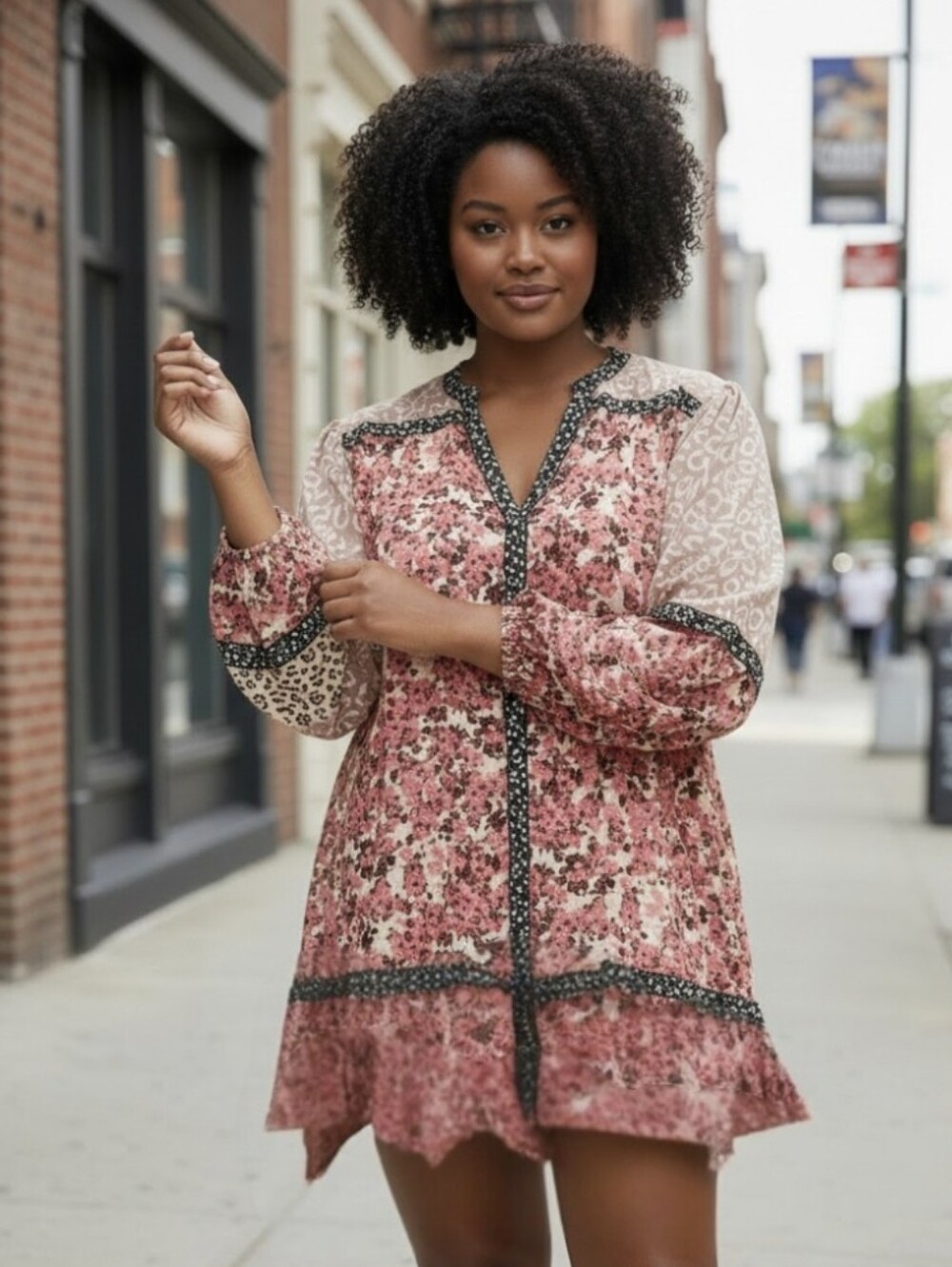 Umgee Coral Floral/Animal Patchwork Boho Long-Sleeve Peasant Tunic Dress- Lg